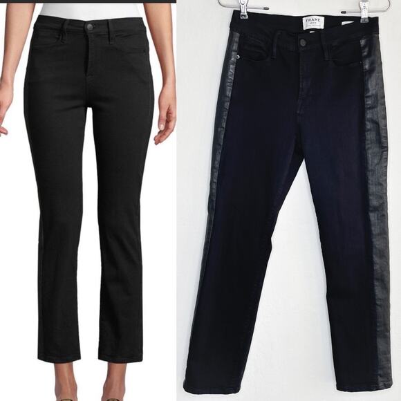 Frame Denim Denim - Frame Denim Le High Rise Straight Black Noir Coated Tuxedo Side Stripe Jeans 26